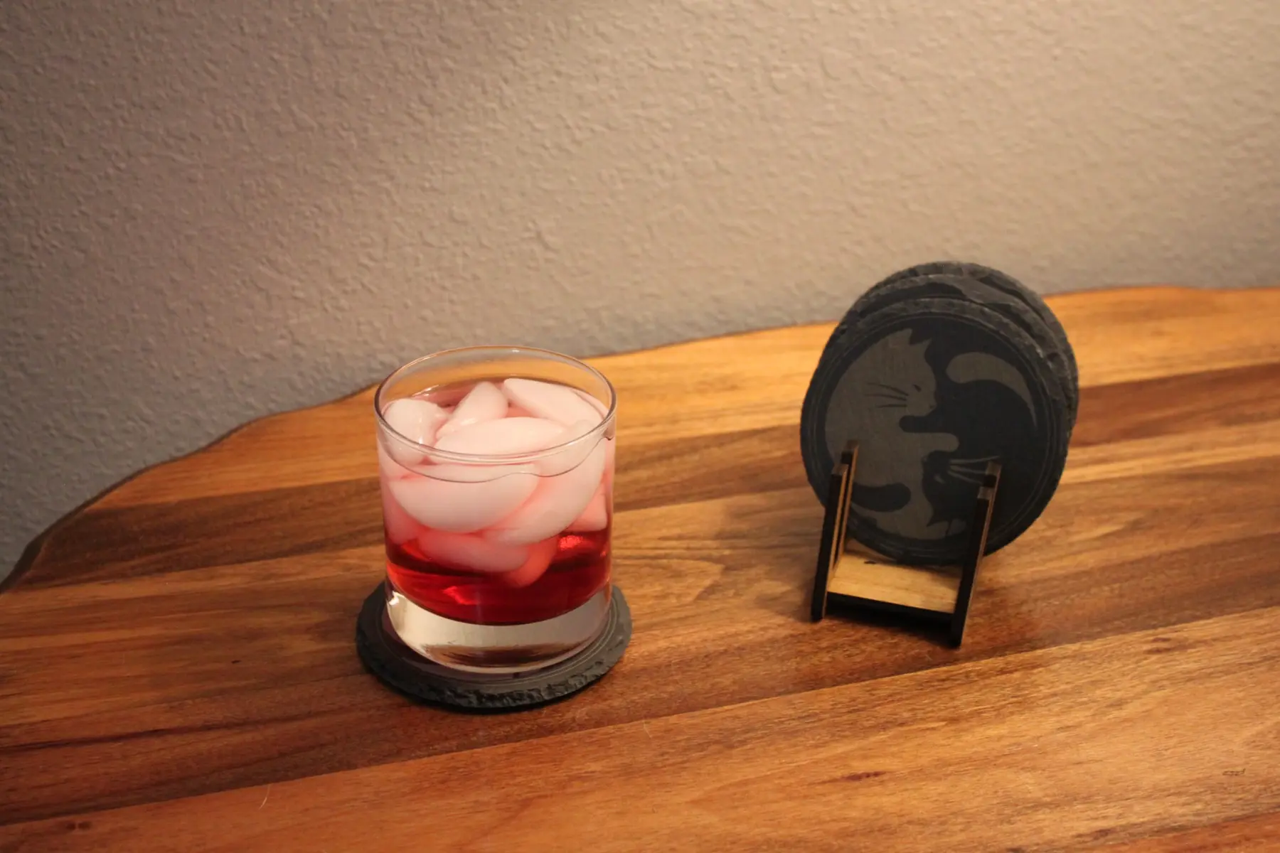Cat yin-yang slate coasters with wooden display holder