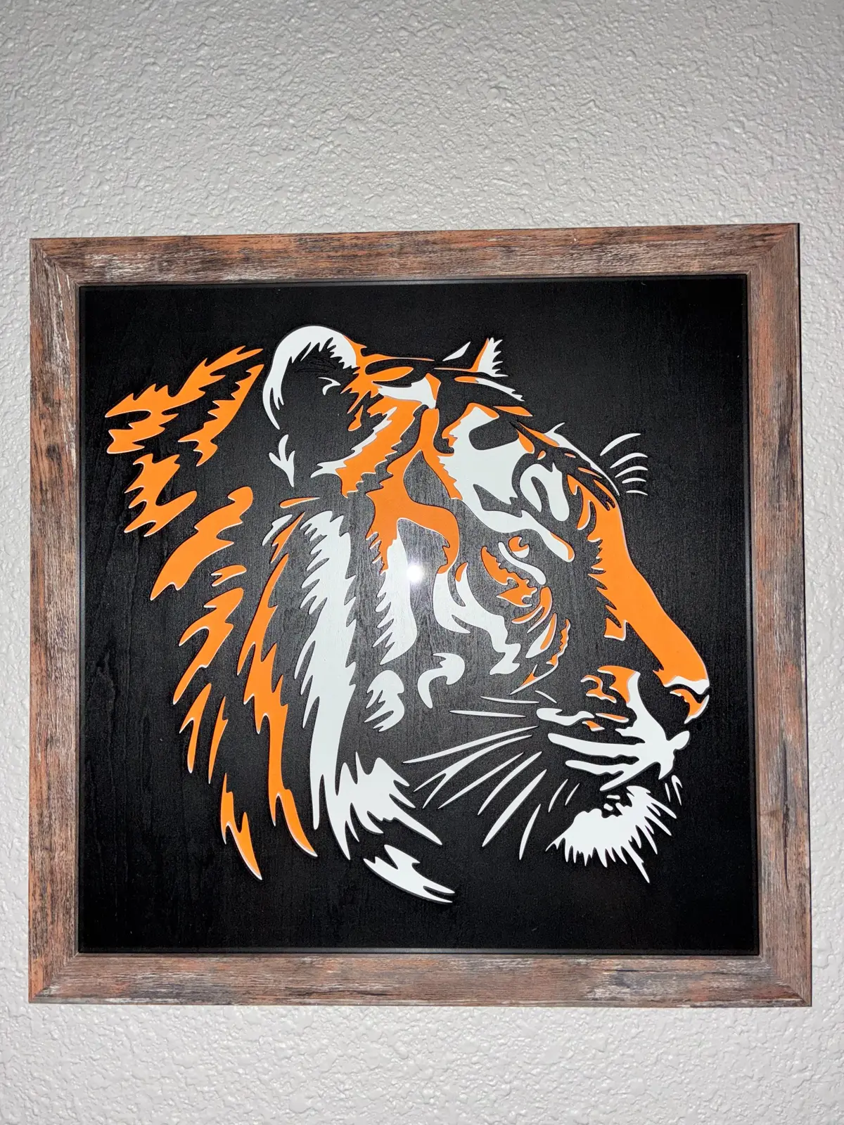 Three-layered tiger displayed in a rustic 12 by 12 inch frame